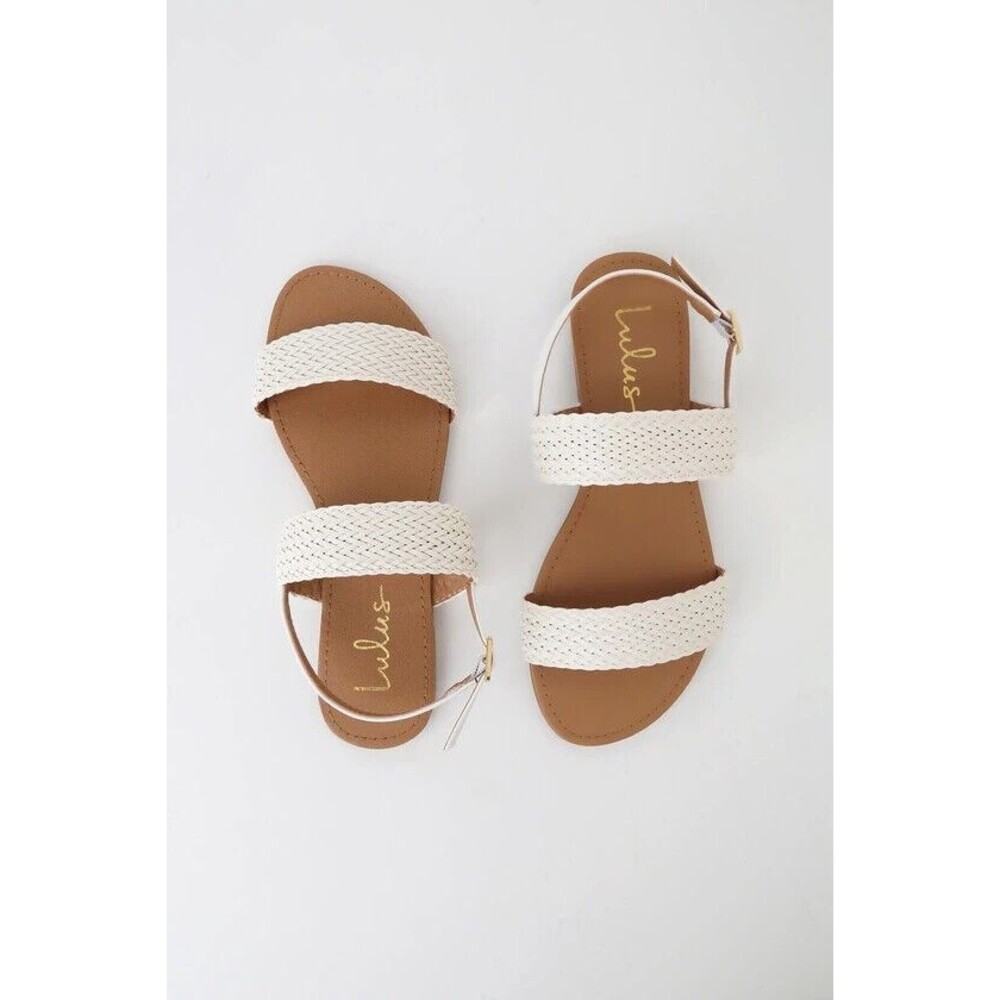 Lulu’s White Vinyl Flat Sandals size 8 woven with buckle on heel strap